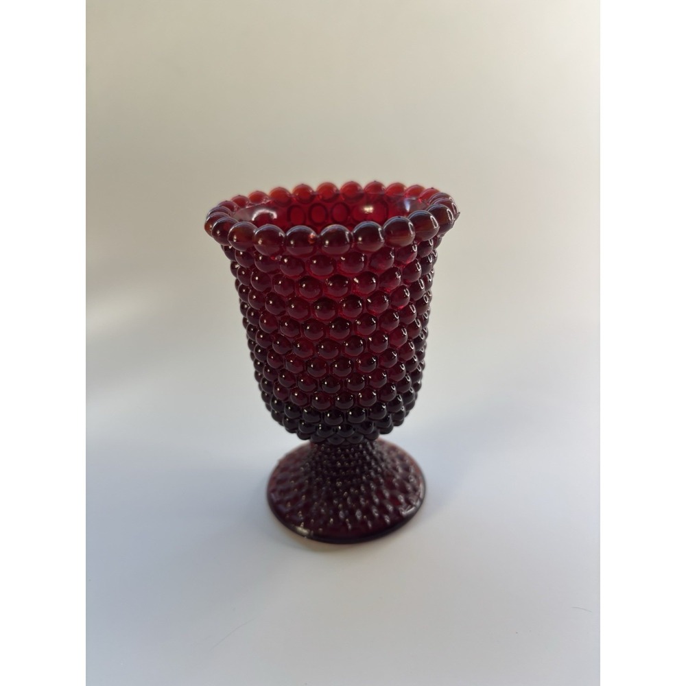 Vintage Ruby Red Hobnail Pedestal Vase 4.5" Bubble Glass‎ Footed Vase Cottage